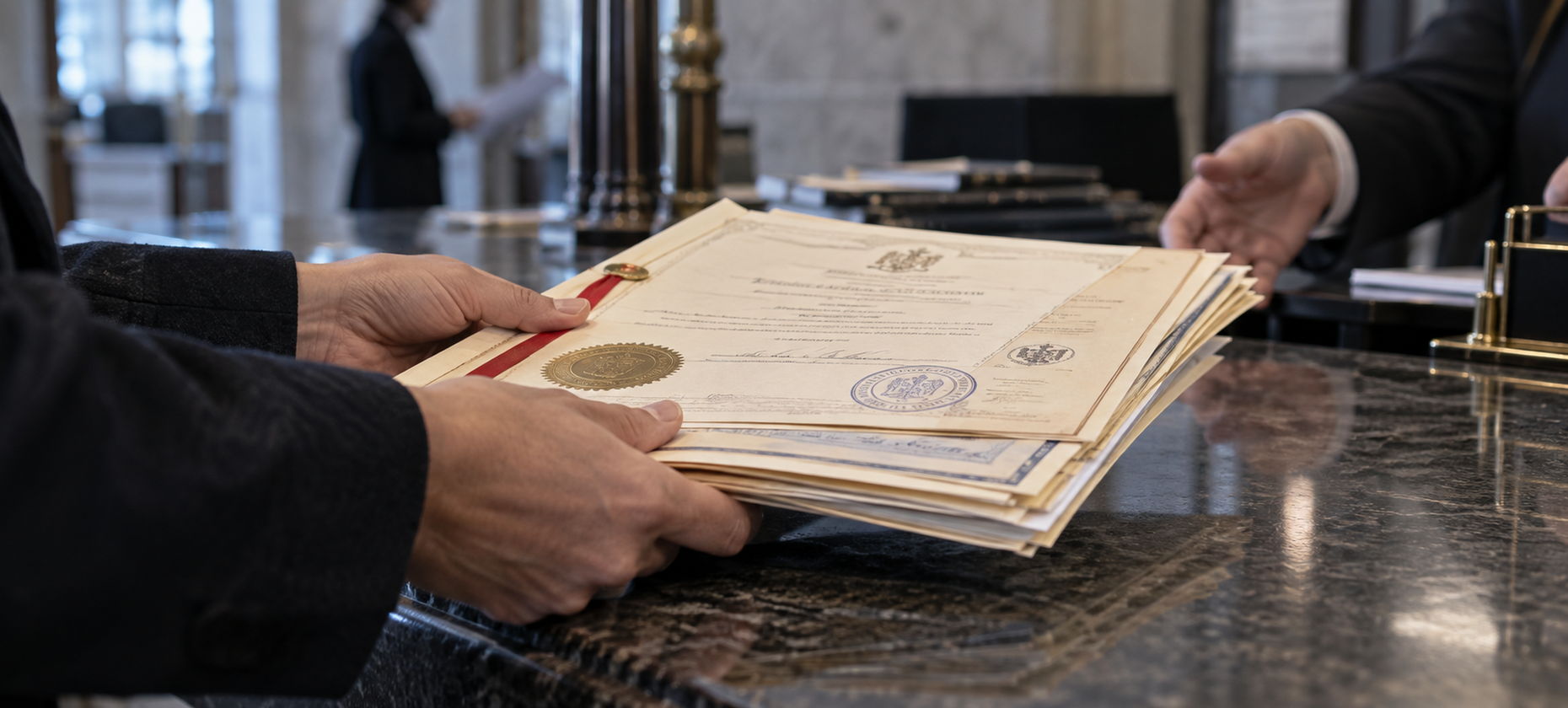 Apostilled documents being handed across a counter
