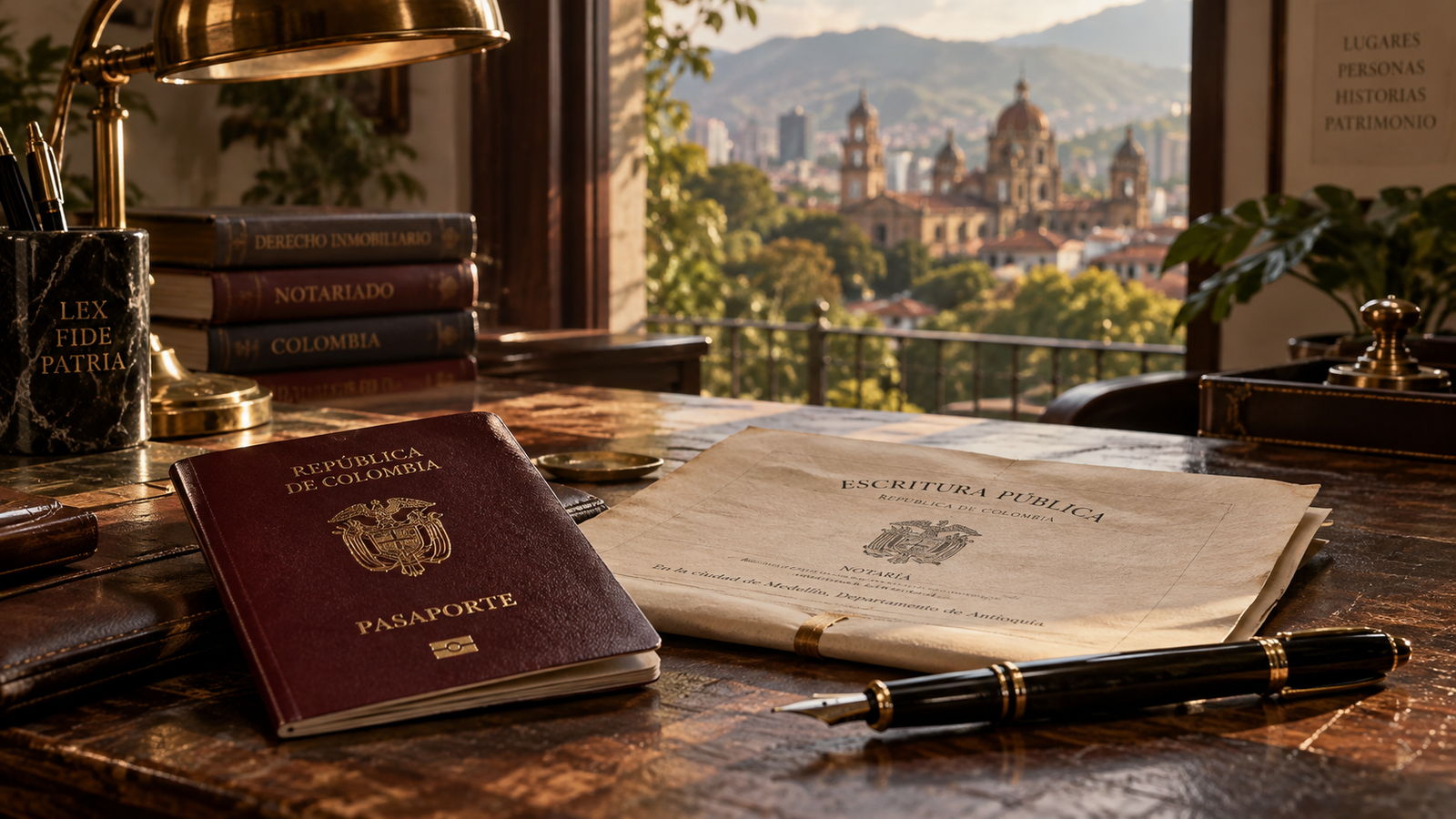 A Colombian passport and an escritura publica on a notary desk